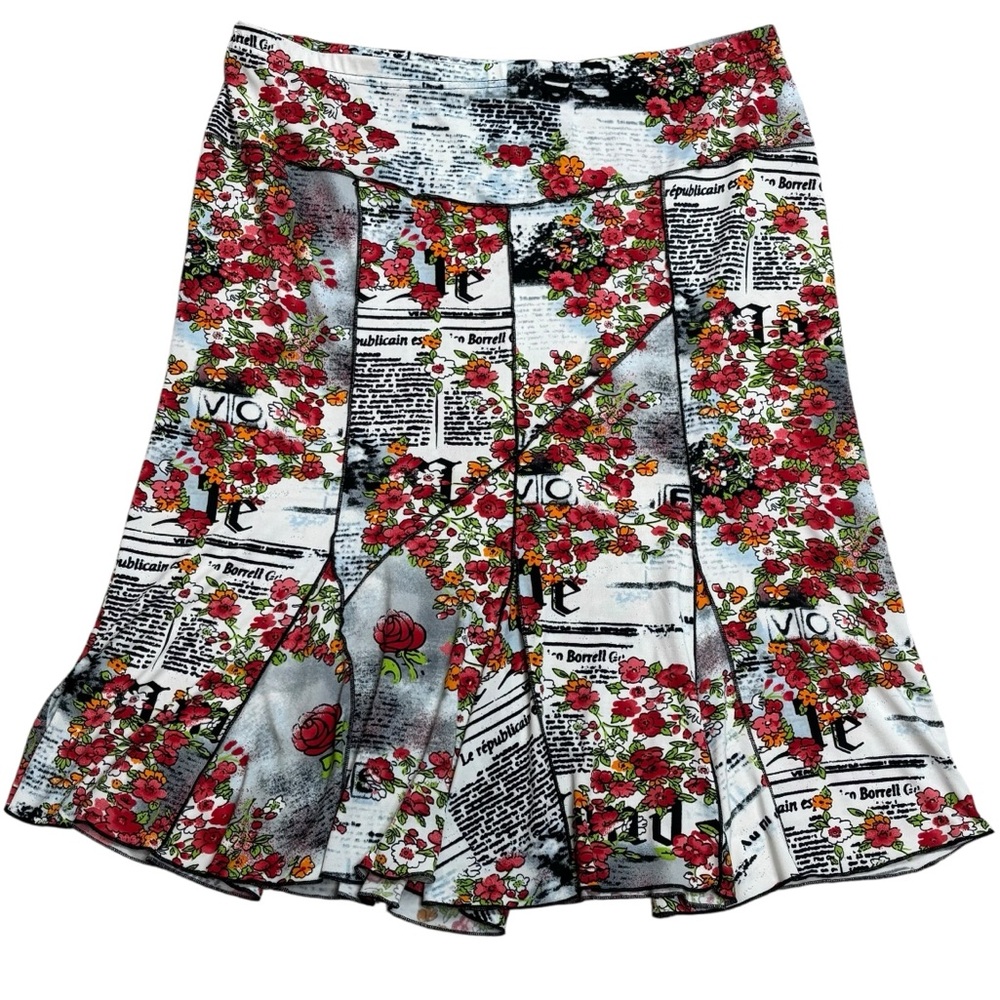 VTG Lana Lee Floral & Newspapers Print Pleat Bottom Midi Skirt Fits sz 14 16